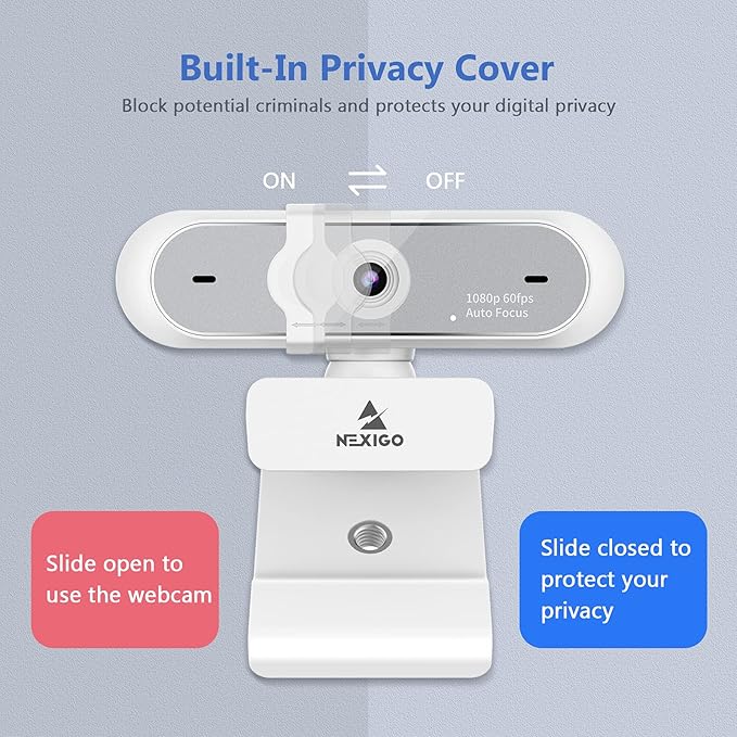 NexiGo N660P (Gen 2) 1080P 60FPS Webcam with Software Control, Dual Microphone & Cover, Autofocus, HD USB Computer Web Camera, for OBS/Zoom/Skype/FaceTime/Teams/Twitch, White-DeskLoop Office