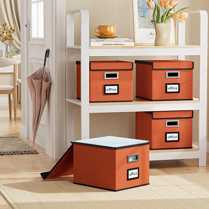Huolewa Portable File Organizer Box with Lid, Large Linen Hanging Office Document Storage Box with Lid, Collapsible Filing&Storage Box for Office/Decor/Home - 14.9 x 12.7 x 10.8 inch-DeskLoop Office