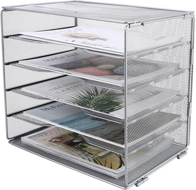 EasyPAG 5-Tier Mesh Desk File Organizer with Metal Frame, Screw-Free Assembly, Space Saving Letter Tray for Office/Home/School - A4 & Letter Size Paper Sorter, Silver-DeskLoop Office