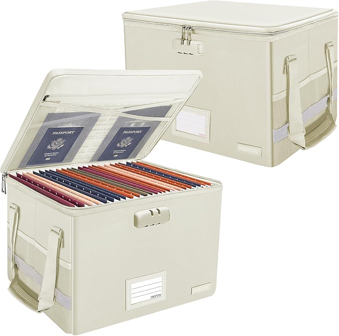 ENGPOW File Box with Lock,Fireproof Document Box with Zipper Lid,Collapsible File Storage Organizer Filing Cabinet with Handles,Portable Home Office Safe for Hanging Letter/Legal Folders,Beige,2 Pack-DeskLoop Office