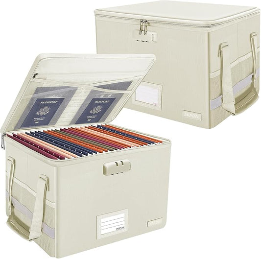 ENGPOW File Box with Lock,Fireproof Document Box with Zipper Lid,Collapsible File Storage Organizer Filing Cabinet with Handles,Portable Home Office Safe for Hanging Letter/Legal Folders,Beige,2 Pack-DeskLoop Office