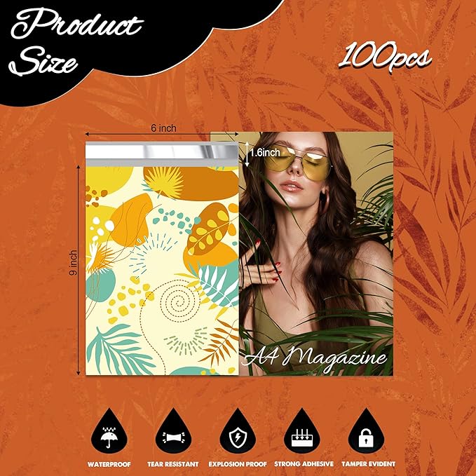 Colorful Leaves Poly Mailer 6x9 Inch 100 Pcs, Waterproof Shipping Bags for Clothing, Tear-Resistant Mailier Bags, Strong Mailing Bags with Self-Seal-DeskLoop Office