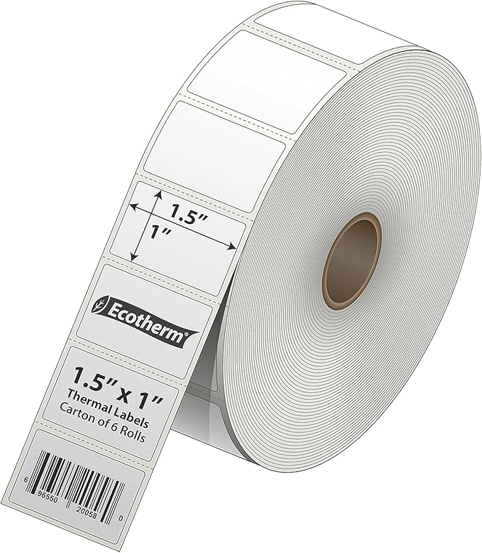 1.5" x 1" Thermal Labels | 6 Rolls | 11400 Labels | fits Zebra, Godex, Arkscan, iDPRT, Offnova Thermal Label Printers and More | Blank White Adhesive Stickers by Ecotherm-DeskLoop Office