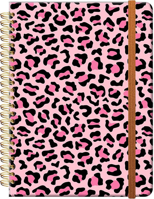 Ruled Spiral Writing Notebook,A5 Hardcover Lined College Journal for Women Lady,Fashion Puppy Watercolor Strong Twin-Wire Binding with Premium Paper,8.4" X 6",Perfect for School,Office,Home Gifts(Pink Leopard)-DeskLoop Office