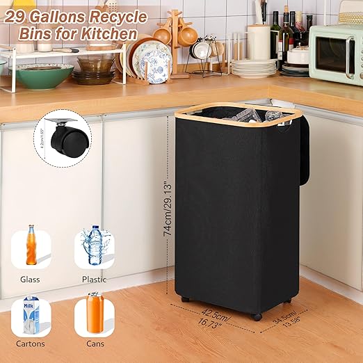 Recycling Bin for Kitchen, Indoor Home Recycle Bins with Wheel, 29 Gallons Large Recycling bin with 2 Removeable Reusable Inner Bags, for Bottles Cans Glass Plastice Cartons(Black)-DeskLoop Office