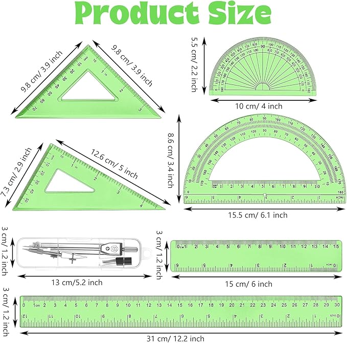 Zonon 1 Set Plastic Geometry Math Set Includes Drawing Compass, 6 Inch 4 Inch Protractor, 45/60 Degree Triangle Rulers 12 Inch 6 Inch Math Ruler Transparent for Office Supplies(Green)-DeskLoop Office