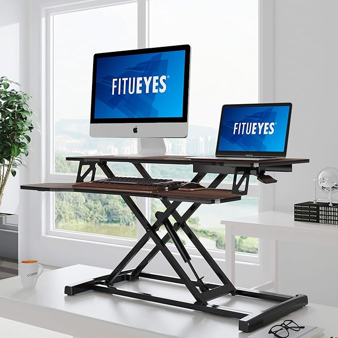 FITUEYES Height Adjustable Standing Desk 32” Wide Sit to Stand Converter Stand Up Desk Tabletop Workstation for Laptops Dual Monitor Riser Brown SD308002WE-DeskLoop Office