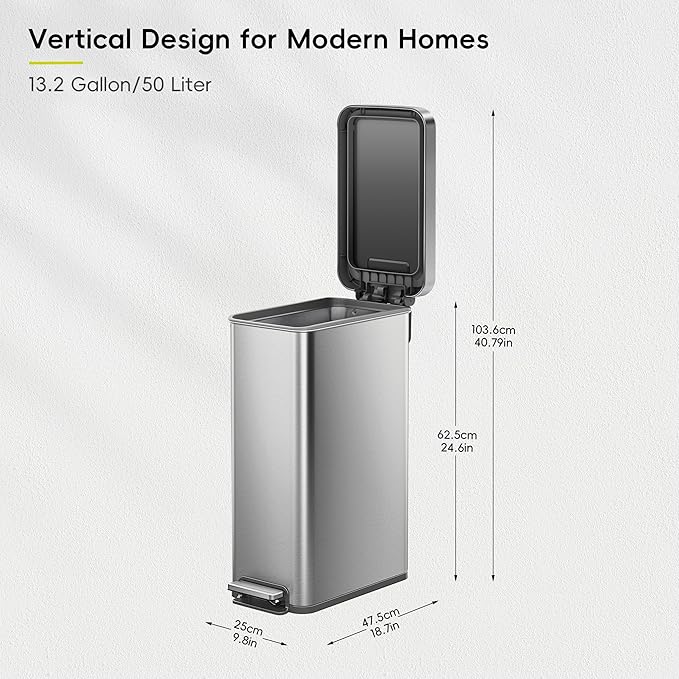 EKO Hudson Slim 50L / 13.2 Gallon Kitchen Trash Can with Lid, Stainless Steel Step Garbage Can for Kitchen or Home, Space-Saving Garbage Can with Soft Close Lid, Stay-Open, Liner Ring, Handle-DeskLoop Office