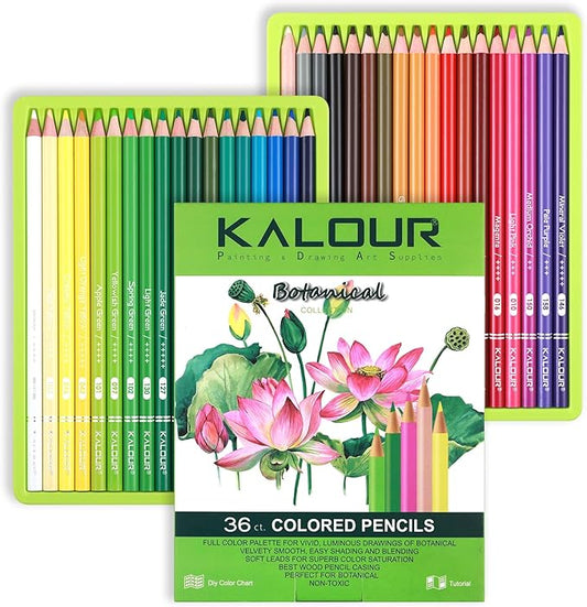 KALOUR PDAS 36-piece Green Botanical Colored Pencil Set, Pre-sharpened Wooden Colored Pencils for Adults Artists Beginners Coloring Books Drawing & Sketching-DeskLoop Office