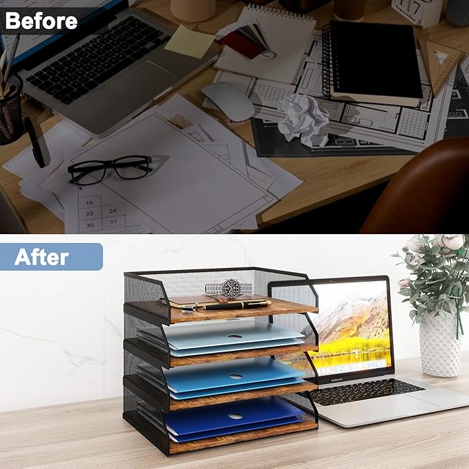 Natwind 4-Tier Stackable Paper Tray, Metal Mesh Desktop Organizer, Paper Sorter, Letter Trays,File Document Storage Rack for for Home, Office, School (Retro)-DeskLoop Office