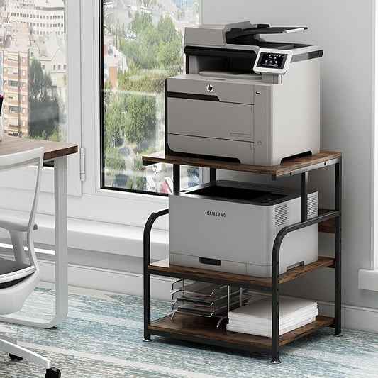 Large Printer Stand with Adjustable Storage Shelf, 3 Tier Printer Cart with Wheels for Home Office Organization, Rolling Table Stand for Heat Press Mini Fridge, Industrial Style-DeskLoop Office