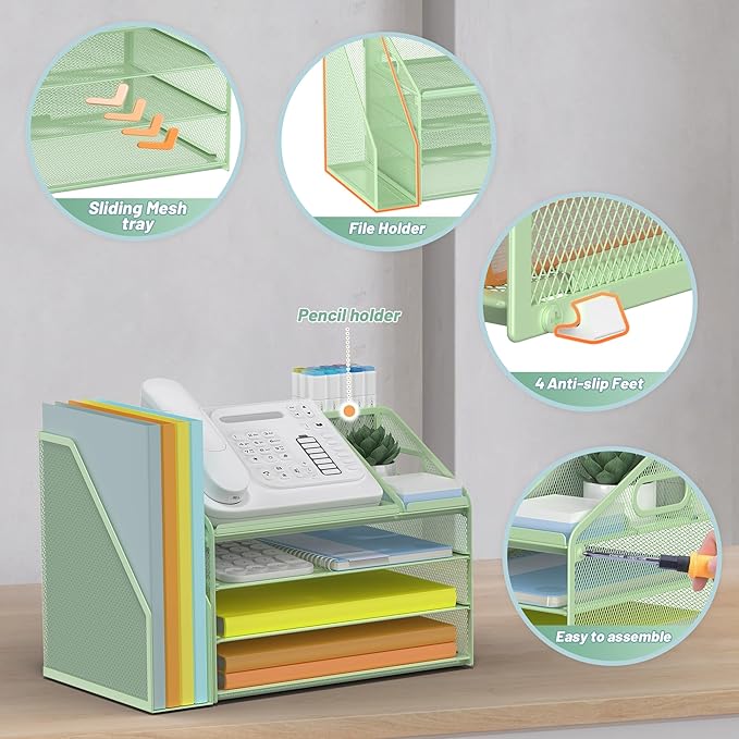 DocNest 4 Tier Paper Letter Tray File Organizer, Mesh Desk File with Handle, Workspace Desk Organizers with Pen Holder, Office Organization Storage Accessories - Green-DeskLoop Office