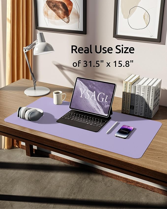 YSAGi Leather Desk Protector, Office Mat, Large Mouse Mat, Non-Slip PU Leather Blotter, Laptop Desk Pad, Waterproof Writing Pad for Office and Home (Light Purple, 31.5" x 15.8")-DeskLoop Office