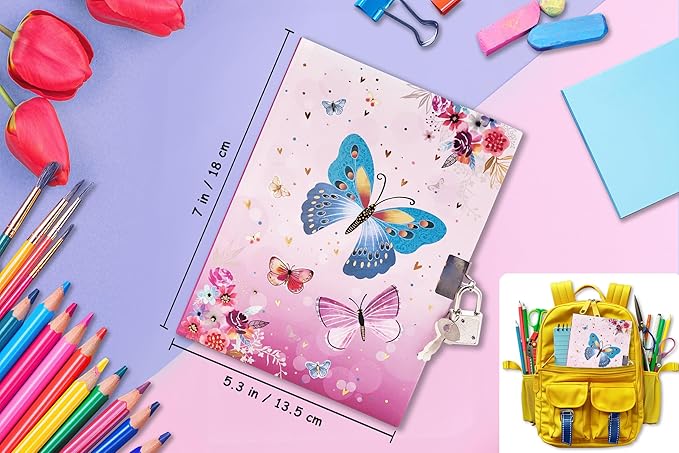 Girls Diary with Lock for Kids, 7x5.25 Inches 160 Lined Pages Secret Pink Butterfly Notebook for Girls Journal with Lock for Kids Pre School Writing Drawing Cute Girls Gifts for Birthday-DeskLoop Office