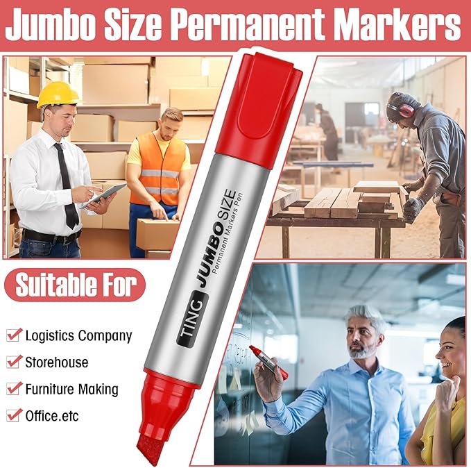 Fuutreo 32 Pcs Jumbo Permanent Markers Bulk Large Chisel Tip Permanent Markers Waterproof Jumbo Pens Quick Drying Office Teacher Supplies(Red)-DeskLoop Office