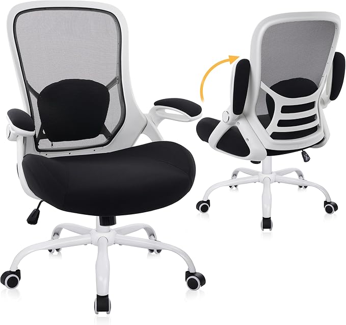 HYLONE 400lbs Heavy Duty Office Chair, 5" Thickened Seat Ergonomic Desk Chair with Adjustable Armrests, Home Office Computer Chairs for Long Hours Mesh Executive Chair(White Base&Black)-DeskLoop Office