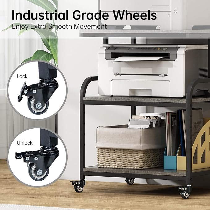 Large Printer Stand Table 23.6 x18.9 x 30 Inches with Height Adjustable Storage Shelf, 3 Tier Rolling Printer Cart with Wheels for Home Office, Gray-DeskLoop Office