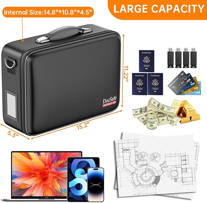 DocSafe Fireproof Document Box with Lock, Hard Case File Organizer with Accordion File Folder, Fireproof Water Resistant Safe Box Home Office Travel Storage for Important Documents Laptop Black-DeskLoop Office