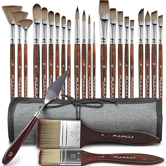 25pcs Paint Brush Set, Fuumuui Acrylic Paint Brushes, Professional Artist Series with Wide Flat, Filbert, Fan, Dagger, Cat Tongue, Round, Angle, Rigger for Oil, Acrylic Canvas Paintings, Face Painting-DeskLoop Office