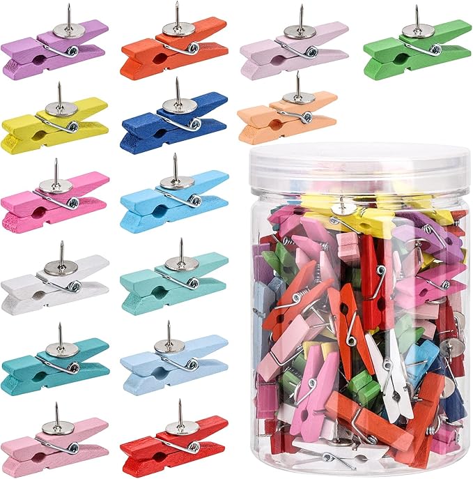 100Pcs Push Pin with Wooden Clips Tacks for Cork Board Artwork for Bulletin Board Crafts Arts Projects Photo Supplies(Colorful)-DeskLoop Office