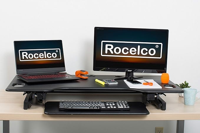 Rocelco 46" Large Height Adjustable Standing Desk Converter - Quick Sit Stand Up Triple Monitor Riser - Tall Gas Spring Assist Computer Workstation - Retractable Keyboard Tray - Black (R DADRB-46)-DeskLoop Office
