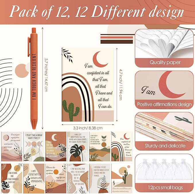 Mooliwe 12 Set/24 Pcs Positive Affirmation Gift Set Gratitude Notebooks with Pens Small Bags Motivational Encouragement Notepads Daily Affirmations Journal for Women Stress Relief Self Care(Rainbow)-DeskLoop Office