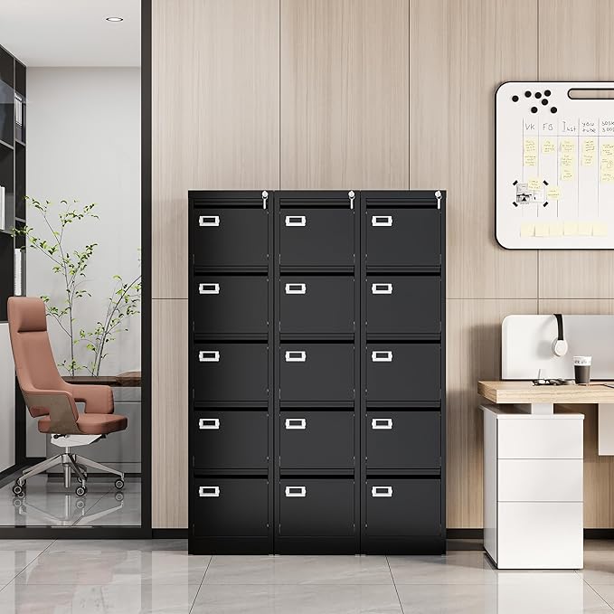 File Cabinets - 5 Drawers Vertical 17.8" Deep Lockable Filing Cabinet - Black & Gray Metal Storage Cabinets for Home Office to Hanging Files Letter/Legal/F4/A4 Size-DeskLoop Office
