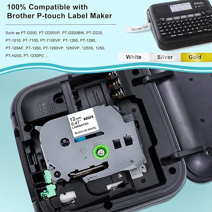 5-Pack Label Maker Tape 12mm 0.47 Inch Laminated White/Gold/Silver Muti-Color Replace for Brother TZe TZ Tape TZe-231 TZe-831 TZe-931 Compatible with Brother P-Touch PT- D210 D220 H110 D400AD-DeskLoop Office