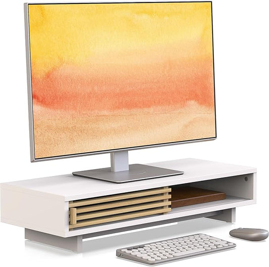 Monitor Stand Riser with Sliding Door, Computer Laptop Stand Desk Shelf Organizer with Storage (White + Natural Bamboo, 25 Inch)-DeskLoop Office