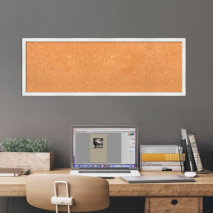Amanti Art Natural Cork Board for Wall, 13x37 Vision Board with White Frame, Medium Corkboard Office Decor for Home Organization, Country Rustic Corkboard Pinboard to Display Items for Home-DeskLoop Office