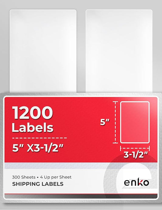 enKo 3-1/2 x 5 inches Label - White Blank - 4 Up Per Sheet Shipping Address Mailing Labels for Laser Inkjet Printer (300 Sheets, 1200 Labels)-DeskLoop Office