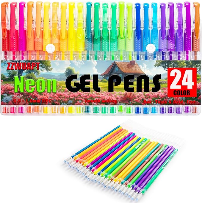 Neon Gel Pens for Coloring Book,72 Color Gel Pens Set including 24 Color Gel Pen with 48 Refills,40% More Ink Colored Gel Pens for Drawing, Doodling, Scrapbook, Journaling-DeskLoop Office