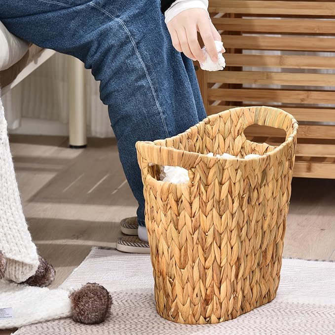 FairyHaus Wicker Trash Can with Handles, Natural Water Hyacinth Wicker Waste Basket, Handwoven Wicker Trash Basket for Bathroom Bedrooms, 13" L x 7.5" W x 12.2" H-DeskLoop Office