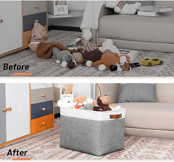 DULLEMELO Large Storage Baskets, Fabric Storage Basket with Leather Handles for Shelves Closet Nursery Toy Storage, Collapsible Fabric Baskets for Toy Book Magazine Towel Organizers(White&Gray)-DeskLoop Office