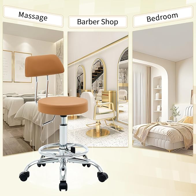 Rolling Stool with Back, Adjustable Tattoo Rolling Chair 19.5’’-26.6’’, Camel Brown Hairstylist Stool with Wheels (Camel Brown)-DeskLoop Office