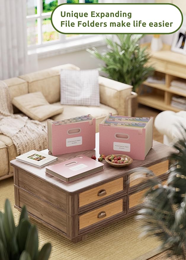 Accordion File Organizer, 12 Pockets Wheat Straw Expanding File Folders, Upright&Open Top, Monthly Bill Receipt Organizer, 100%BPA Free, Return to Nature, Healthy Living,Letter/A4 Size-Strawberry Pink-DeskLoop Office