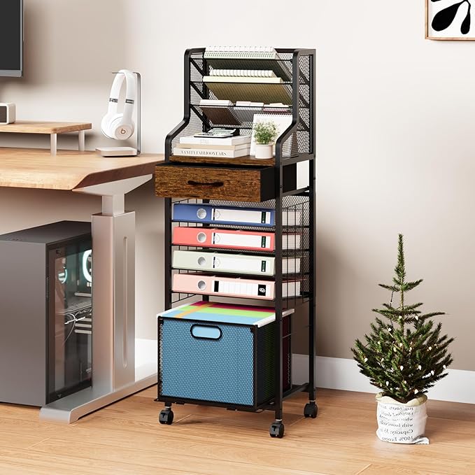 SWTYMIKI 10-Tier Rolling File Cart - Mesh Paper Organizer with Drawer and Hanging File Folders on Lockable Wheels, Wood Teacher Cart for Office Organization, Storage in Home, Studio, School, Espresso-DeskLoop Office