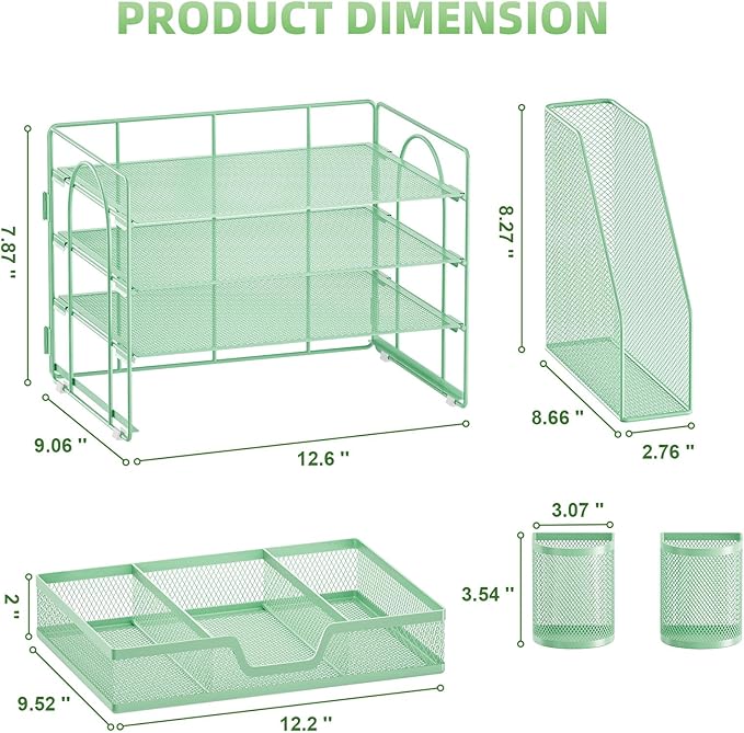 Marbrasse Desk Organizer and Accessories,4-Tier Paper Letter Tray Organizer with File Holder, Desk Accessories & Workspace Organizers with Drawer and 2 Pen Holder (Green, 15.4" x 9.1" x 8.3")-DeskLoop Office
