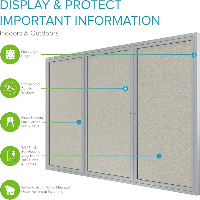 Ghent 48"x96" 3-Door Outdoor Enclosed Vinyl Bulletin Board, Shatter Resistant, with Lock, Satin Aluminum Frame - Ivory (PA34896VX-185), Made in the USA-DeskLoop Office