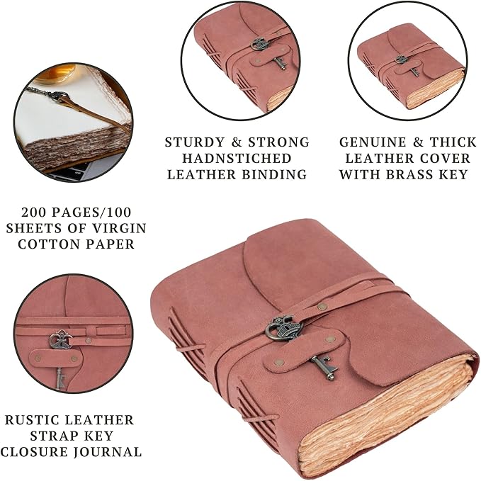 LEATHER VILLAGE Vintage Leather Journal – 200 Handmade Vintage Deckle Edge Paper – Leather bound Journal For Women Men – Vintage Key Closure - Book of Shadows - Red Brown - 8X6 inches (A5)