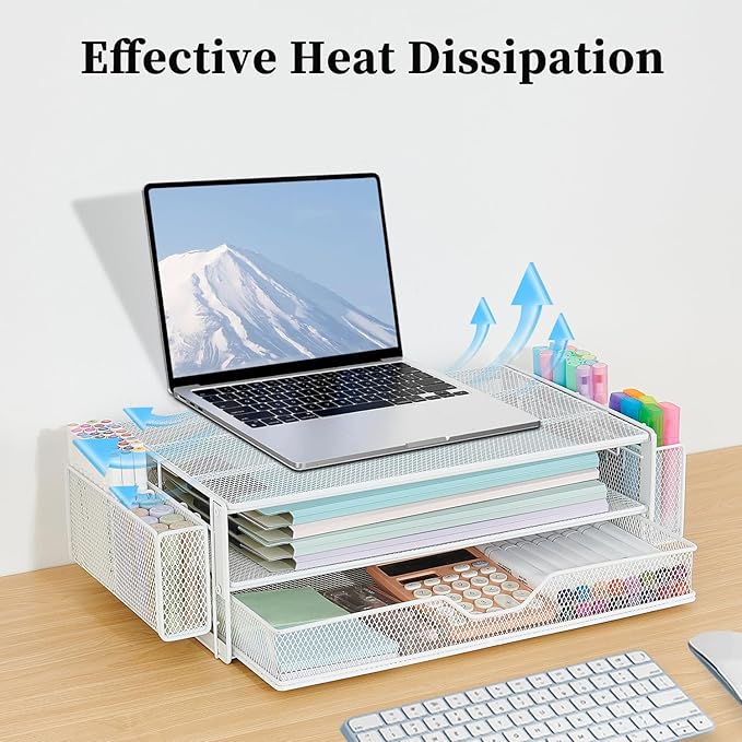 AUPSEN Computer Monitor Stands Riser,2-Tier Desk Organizers and Accessories, Office Desk Accessories Organizer with Drawers and 2 Pen Holder for Office Supplies (White)-DeskLoop Office