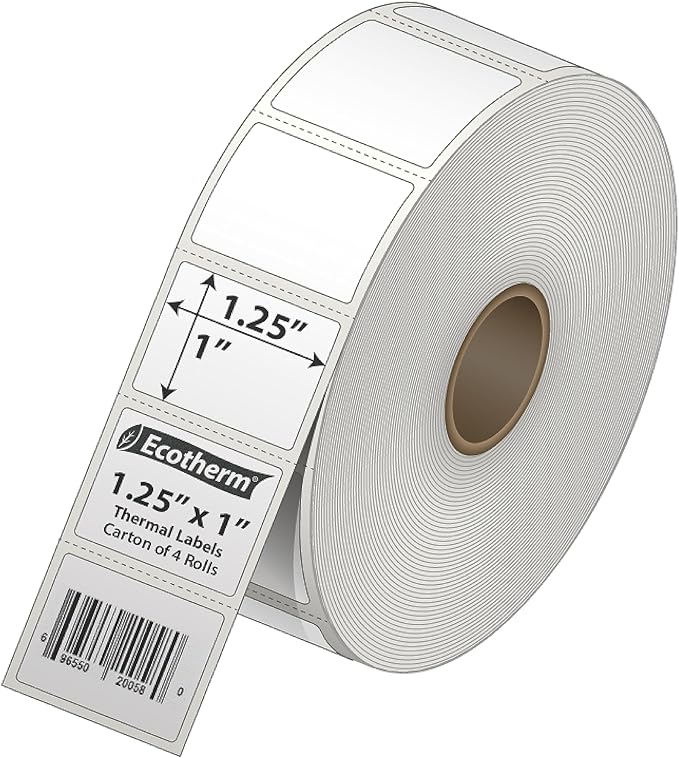 1.25" x 1" Thermal Labels | 4 Rolls | 5520 Labels | fits Zebra, Godex, Arkscan, iDPRT, Offnova Thermal Label Printers and More | Blank White Adhesive Stickers by Ecotherm-DeskLoop Office