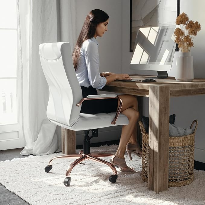 Flash Furniture Whitney High-Back Swivel LeatherSoft Desk Chair with Padded Seat and Armrests, Adjustable Height Padded LeatherSoft Office Chair, White/Rose Gold-DeskLoop Office