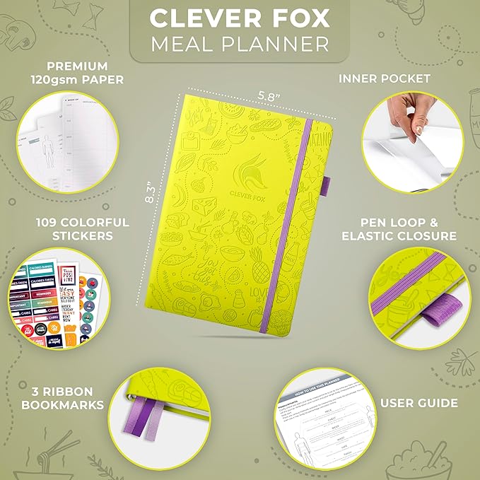 Clever Fox Weekly Meal Planner - Weekly & Daily Meal Prep Journal with Shopping and Grocery Lists for Menu Planning, Healthy Diet & Weight Loss Tracking, Lasts 1 Year, Undated, A5 - Neon Yellow-DeskLoop Office