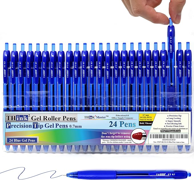 THINK2MASTER [24 Pens - Blue Ink Think2 0.7mm Precision Tip Gel Pens. (24 Blue) Fine Point Small Rollerball Pens with Smooth Quick Drying Ink.-DeskLoop Office