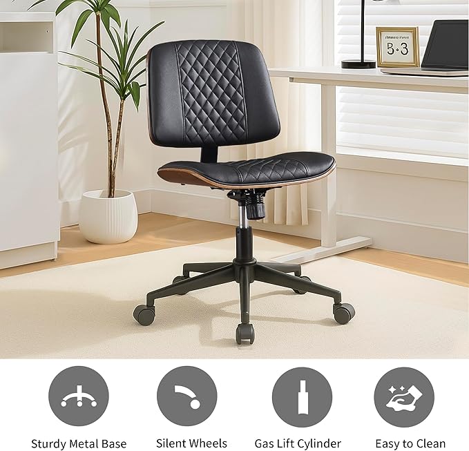 Modern Black Home Office Chair – Armless Mid-Back Desk Chair with PU Leather, Adjustable Height, Swivel Wheels, Walnut Wood Finish, Perfect for Small Spaces-DeskLoop Office