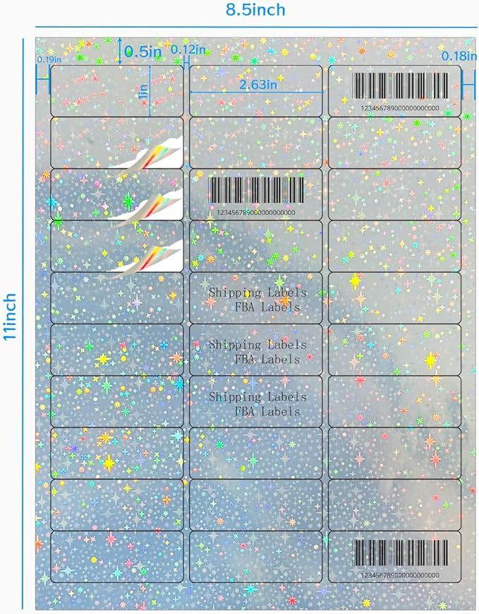STARLIBOO 1" x 2-5/8" Address Labels- Holographic Color Stickers for Laser/Inkjet Printer mailing Labels 8.5"×11"- Holographic Star-DeskLoop Office
