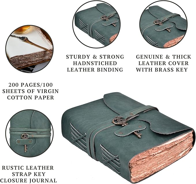 LEATHER VILLAGE Vintage Leather Journal – 200 Handmade Vintage Deckle Edge Paper – Leather bound Journal For Women Men – Vintage Key Closure - Book of Shadows - Aqua - 6X4 inches (A6)