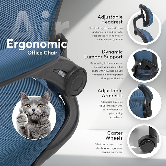 Oline ErgoAir Ergonomic Office Chair – Adjustable Lumbar Support, Flip-Up Armrests, Mesh Computer Desk Chair, Swivel Rolling Executive Gaming Chair for Home & Office (Navy Blue)-DeskLoop Office