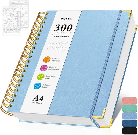 Bullet Dotted Journal Spiral Notebook, 300 Pages Leather Notebooks with Contens, 120 GSM Thick No Bleed Through Paper Journals, A4 Dot Grid Notebook for Women Men Work Writing, 8.5" x 11", Light Blue-DeskLoop Office